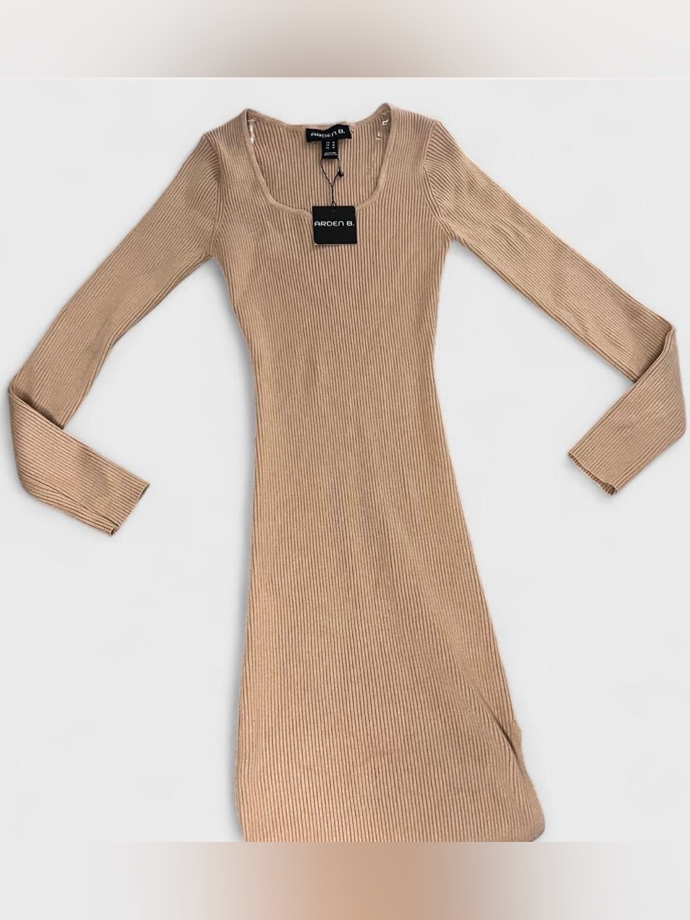 Arden B Long Sleeve Ribbed Knit Dress in Beige Medium